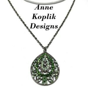Anne Koplik Designs Necklace, Light Dark Green Rhinestone Teardrop Pendant, 18"